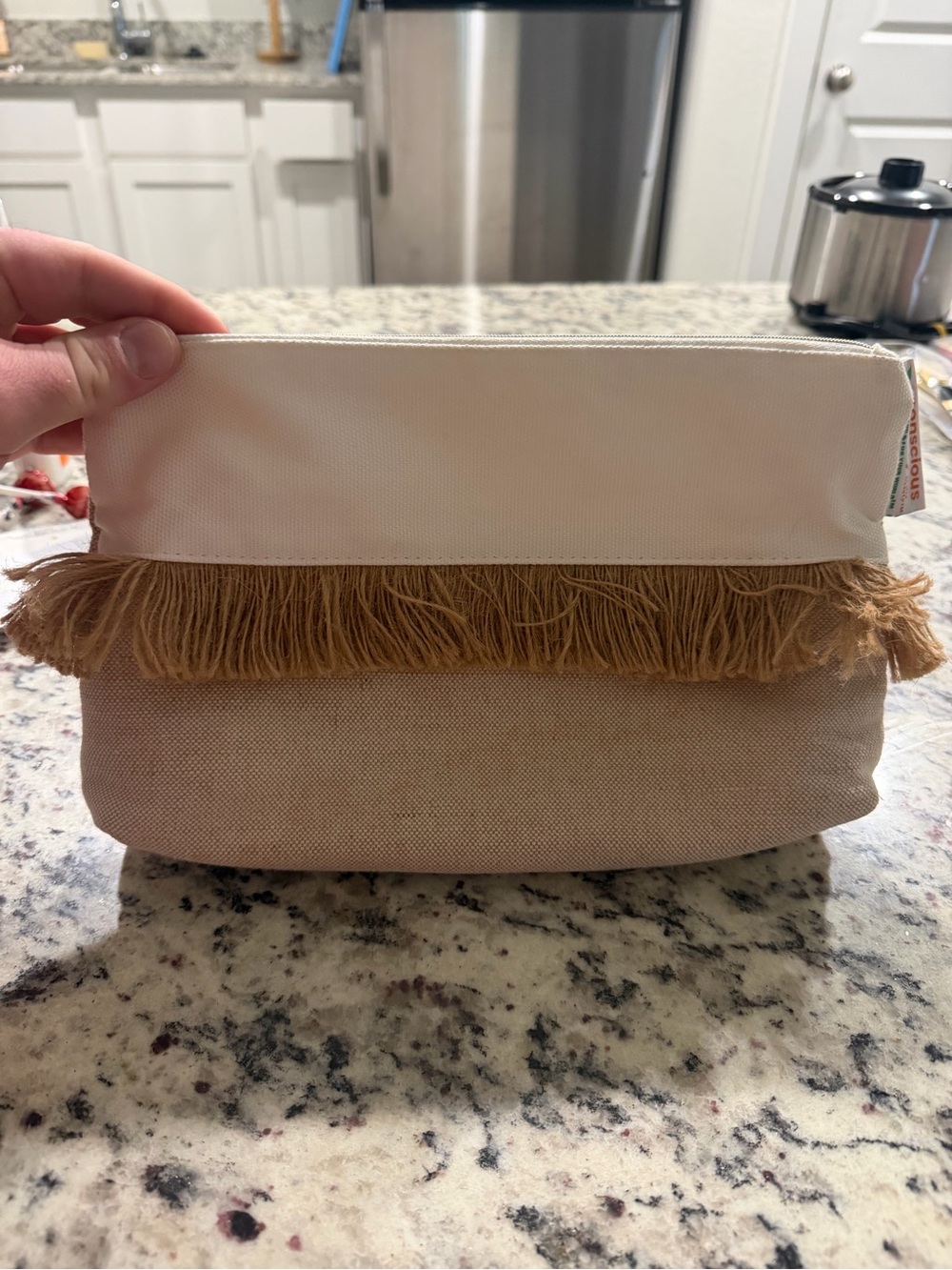 Neutral Fringe Canvas Pouch - Cream and Tan